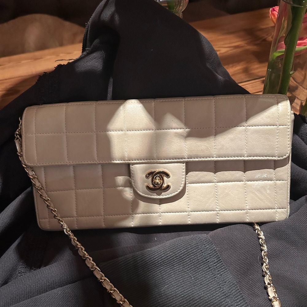 Chanel Cream Quilted Clutch with Silver Chain
